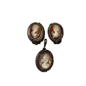 Antique German 800 Silver Cameo Pendent & Clip On Earrings Set